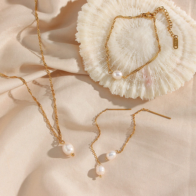 Modische, einfarbige Armbänder, Ohrringe und Halskette aus Edelstahl mit Perlenbeschichtung