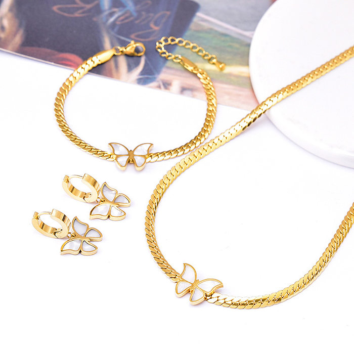 Mode Schmetterling Titan Stahl Überzug Inlay Shell Armbänder Ohrringe Halskette