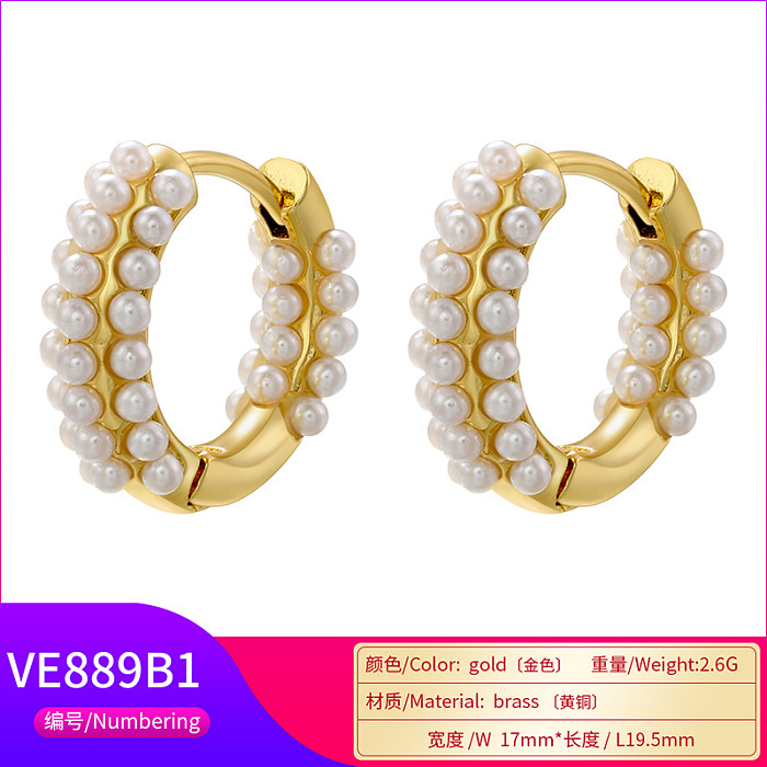 1 paire de boucles d'oreilles plaquées or 18 carats, style Simple et élégant, incrustation ronde en cuivre et perles