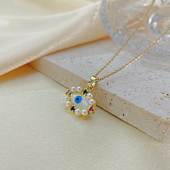 Vintage Style Devil'S Eye Titanium Steel Copper Inlay Artificial Pearls Zircon Pendant Necklace