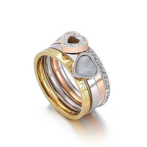 New Fashion Stainless Steel Combination Heart-shaped Full Diamond Multicolor Detachable Ring