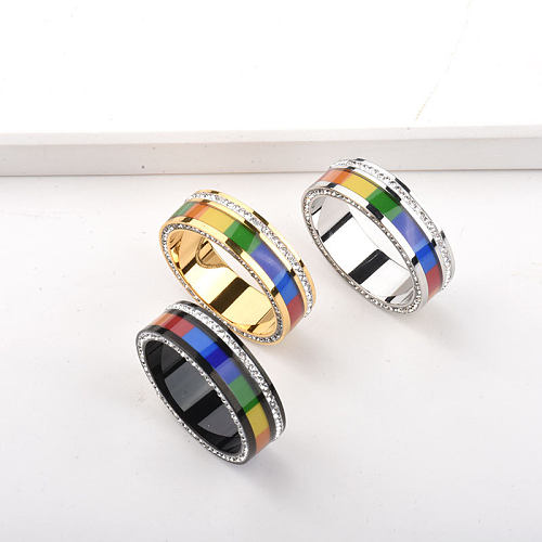 Simple Style Round Titanium Steel Polishing Inlay Zircon Rings