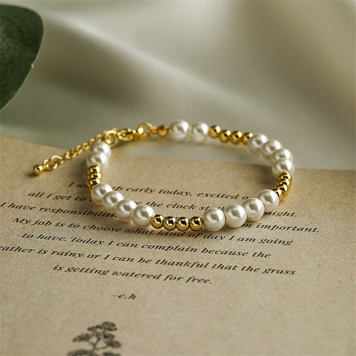 Simple Style Round Copper Beaded Pearl Plating Gold Plated Bracelets