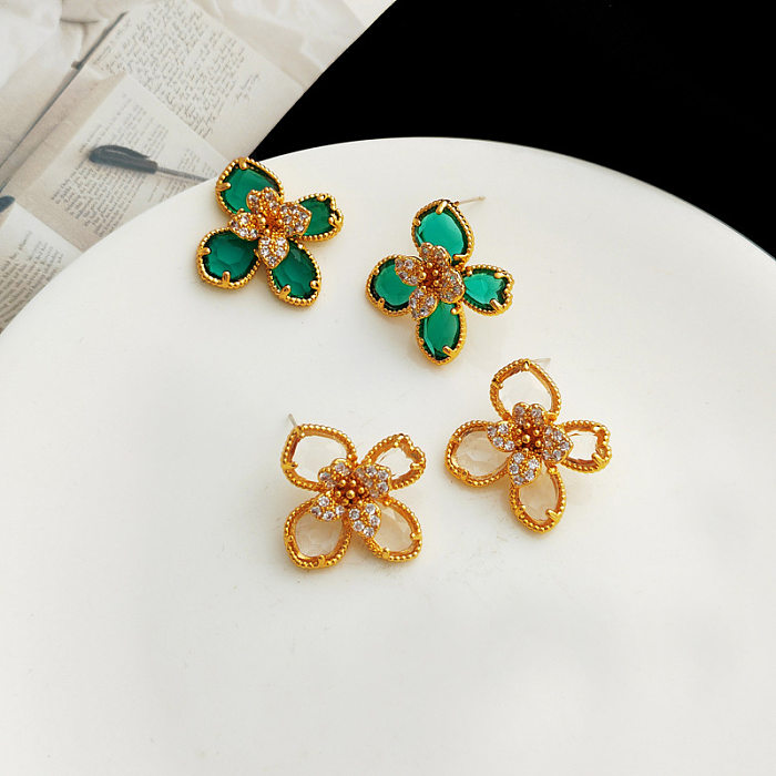 1 Pair Sweet Flower Copper Plating Glass Zircon Ear Studs
