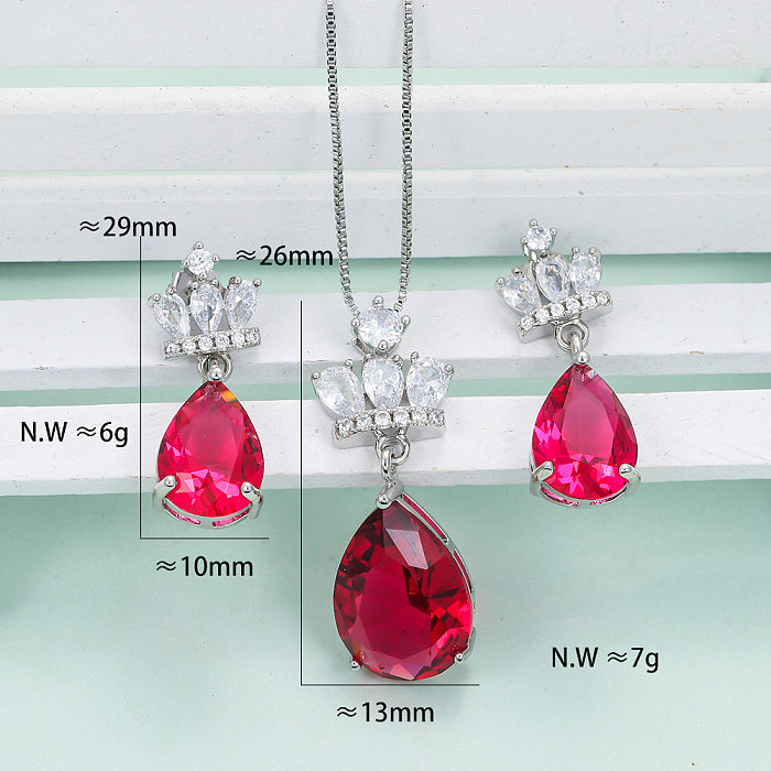 IG Style Water Droplets Crown Copper Plating Inlay Artificial Gemstones Zircon Earrings Necklace