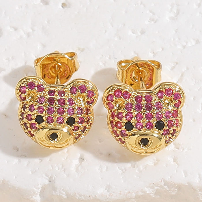 1 Pair Cute Simple Style Bear Plating Inlay Copper Zircon 14K Gold Plated Ear Studs