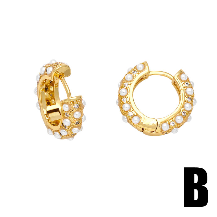 1 paire de boucles d'oreilles rondes de Style Simple, incrustation de perles de cuivre et de Zircon plaqué or 18 carats