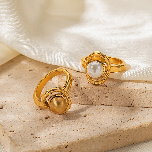 Elegante, runde, mit 18-karätigem Gold plattierte Ringe mit Intarsienperle aus Edelstahl