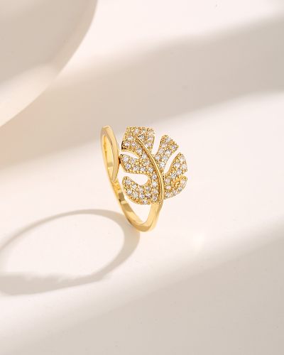 Basic Vintage Style Simple Style Leaves Copper Criss Cross Plating Inlay Zircon 18K Gold Plated Open Rings