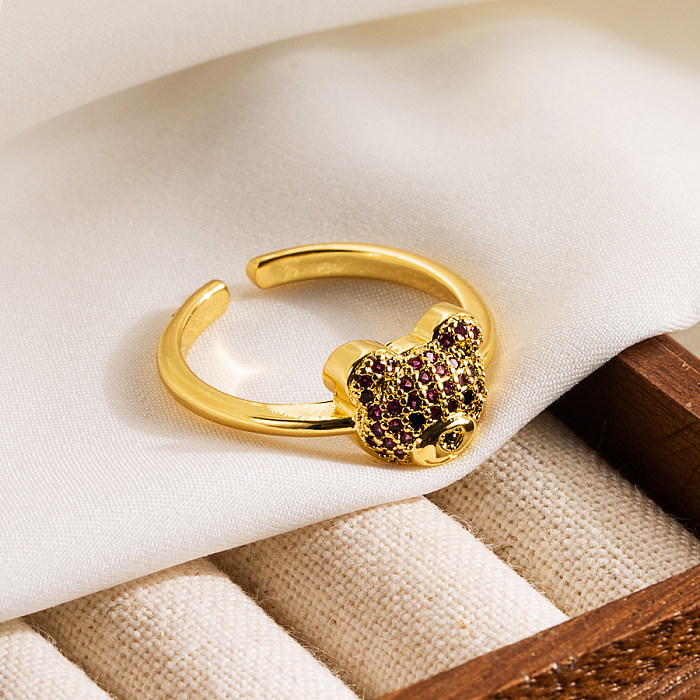 Cute Sweet Bear Copper Zircon 14K Gold Plated Open Rings