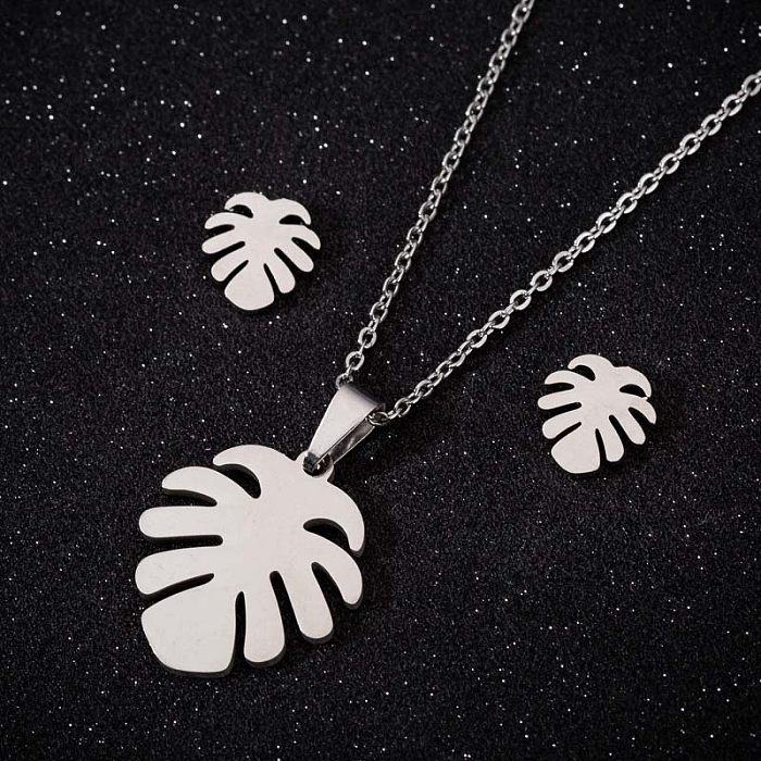 1 Set Fashion Leaves Stainless Steel Plating Earrings Necklace