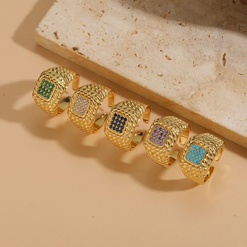 Casual Simple Style Square Copper Plating Inlay Zircon 14K Gold Plated Open Rings
