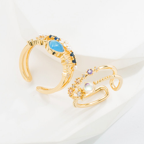 Elegant Heart Shape Flower Copper Enamel Artificial Pearls Zircon Open Ring 1 Piece