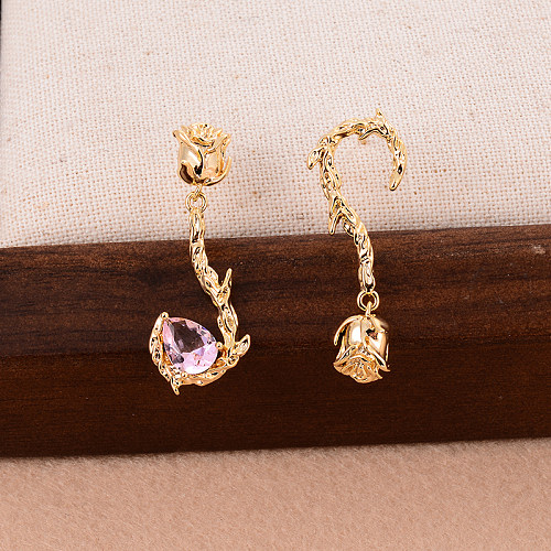 1 paire de boucles d'oreilles pendantes en cuivre et Zircon plaqué or, Style Simple, incrustation de fleurs