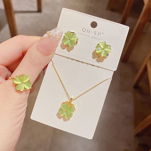 Sweet Simple Style Four Leaf Clover Copper Inlay Opal Rings Earrings Necklace
