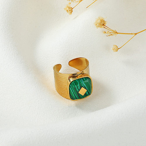 Quadratischer offener Ring aus Malachit mit Edelstahlbeschichtung im Vintage-Stil