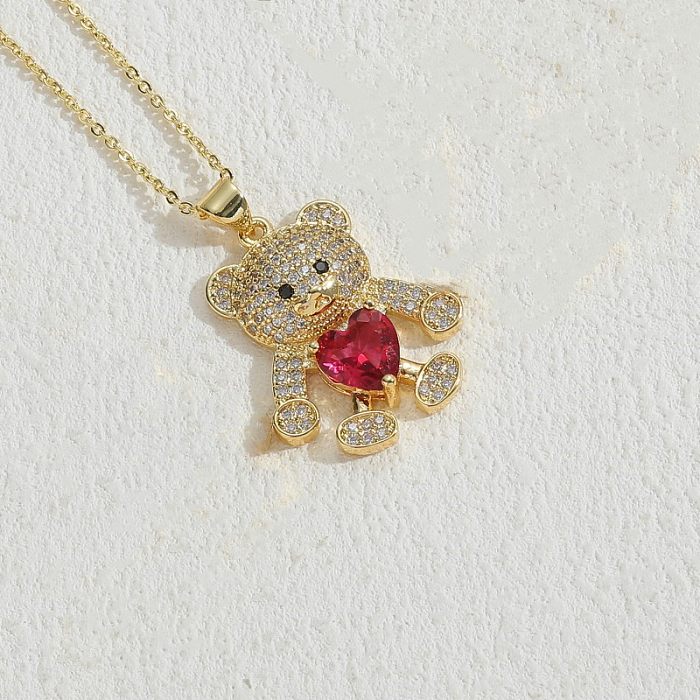 Cute Bear Heart Shape Copper Plating Inlay Zircon 14K Gold Plated Pendant Necklace