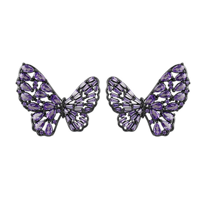 1 Paar Ohrstecker im IG-Stil mit glänzender Schmetterlingsbeschichtung und ausgehöhltem Inlay aus Kupfer mit Strasssteinen