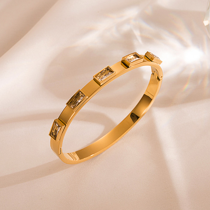 Lässige, klassische, rechteckige Ringe mit Intarsien aus 18 Karat vergoldetem Zirkon mit Edelstahlbeschichtung