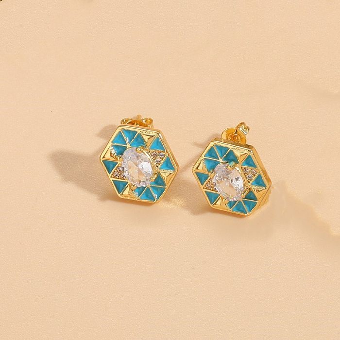 1 Pair Elegant Classic Style Triangle Hexagon Plating Inlay Copper Zircon 14K Gold Plated Ear Studs
