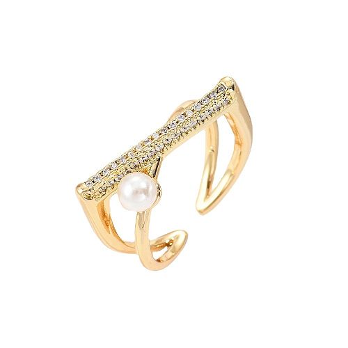 Moda geométrica cobre banhado a ouro pérolas artificiais zircão anel aberto 1 peça