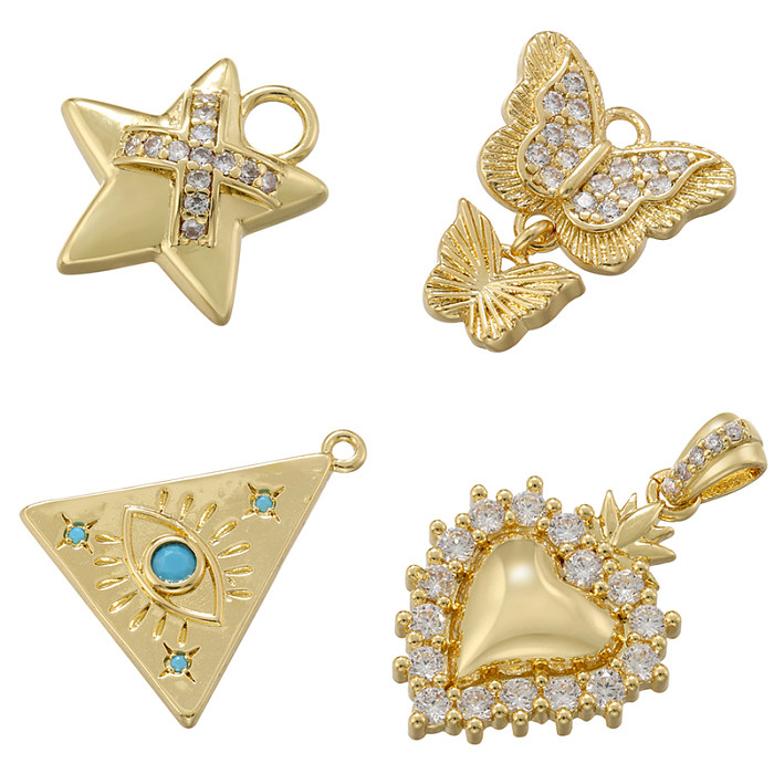 Lässige, elegante, süße Pentagramm-Anhänger in Herzform, Schmetterling, Kupferbeschichtung, Inlay aus Zirkon, 18 Karat vergoldet