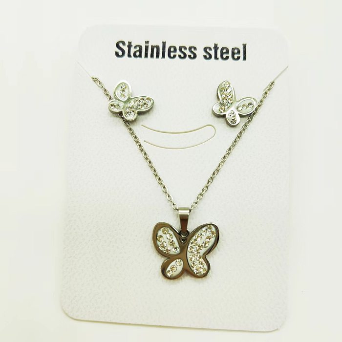 Mode Stern Herz Form Schmetterling Titan Stahl Inlay Strass Damen Ohrringe Halskette 1 Set
