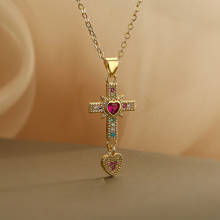 Classic Style Streetwear Cross Copper Plating Inlay Zircon 18K Gold Plated Pendant Necklace