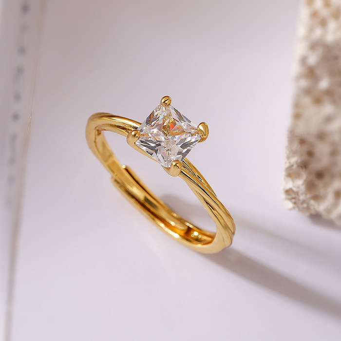 Simple Style Commute Square Copper Plating Inlay Zircon 18K Gold Plated White Gold Plated Open Rings