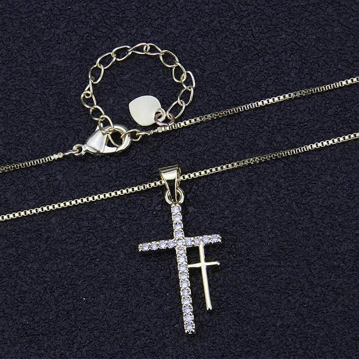 Vente chaude Double Croix Pendentif Mode Nouveau Cuivre Plaqué Blanc Zircon Collier Religieux