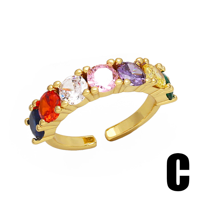 Retro Novelty Round Colorful Copper Plating Inlay Zircon 18K Gold Plated Open Rings