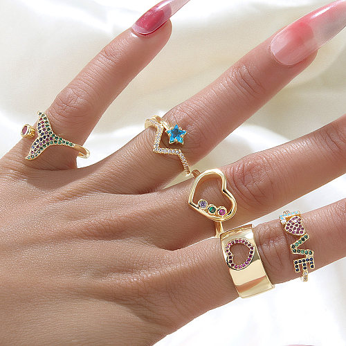Anillos de cobre con forma de corazón de Chevron de amor a la moda, anillos de cobre de circón con diamantes chapados