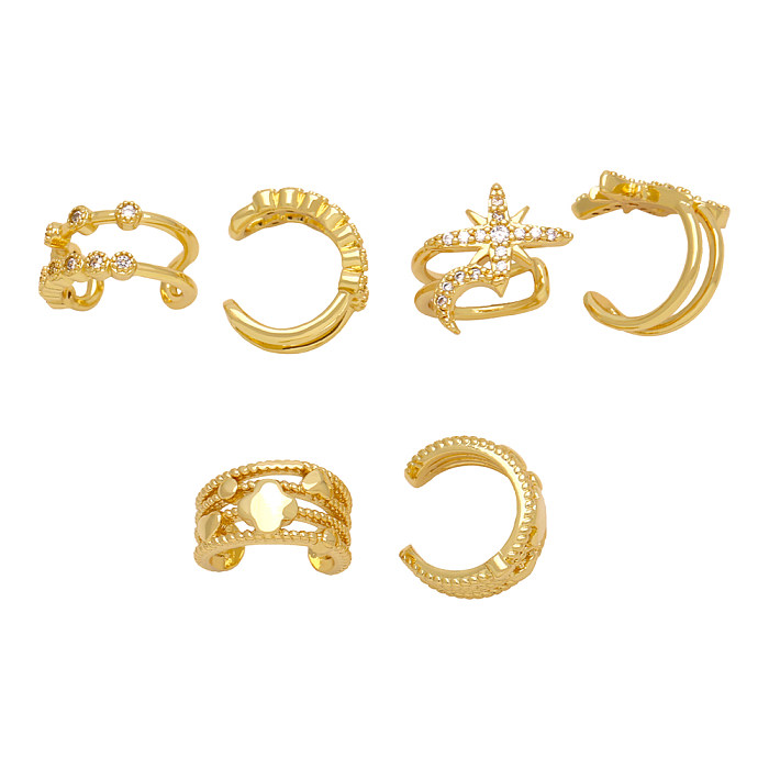 Clips para las orejas chapados en oro de 1K, estilo Simple, trébol de cuatro hojas, estrella, Luna, incrustaciones, circonita de cobre, 18 par