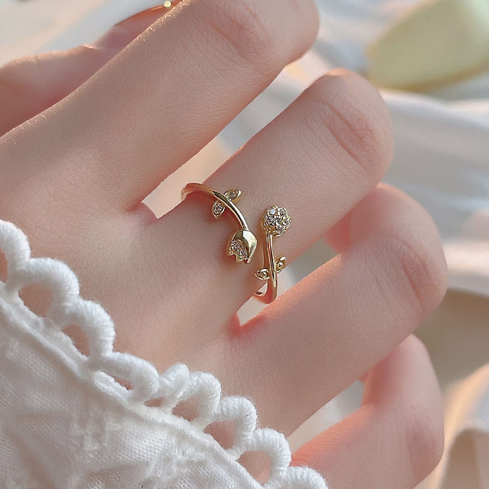 1 peça de anel aberto de zircão com chapeamento de cobre com flor doce