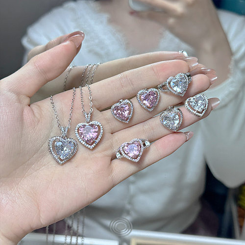 [One-Piece Batch] European And American Luxury Colored Gems Pendant Set Fashion Elegant Heart Clavicle Necklace Ring Ear Studs