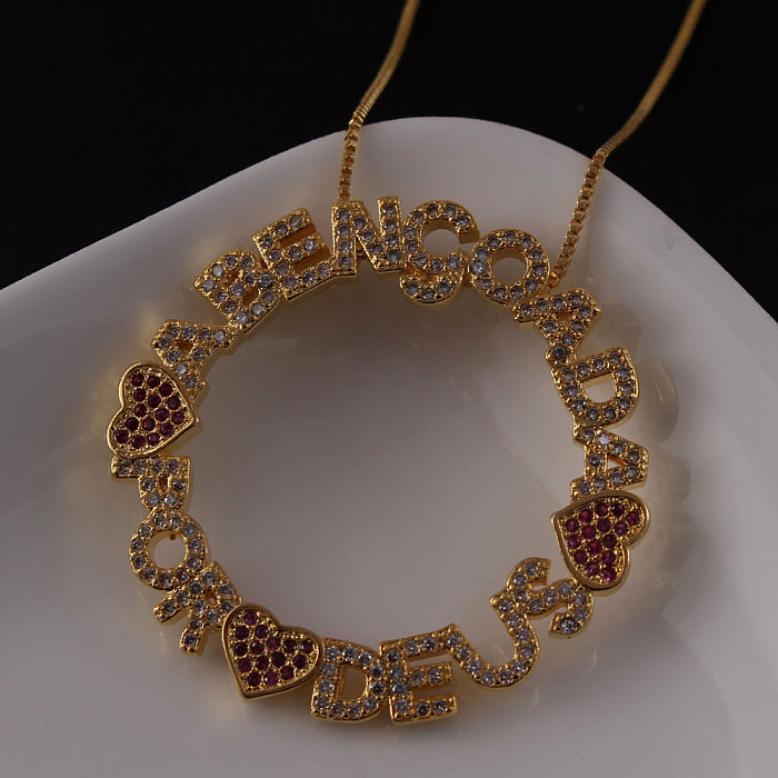 Collar con colgante chapado en oro con incrustaciones de cobre y letras en forma de corazón, estilo Simple, estilo fresco, IG
