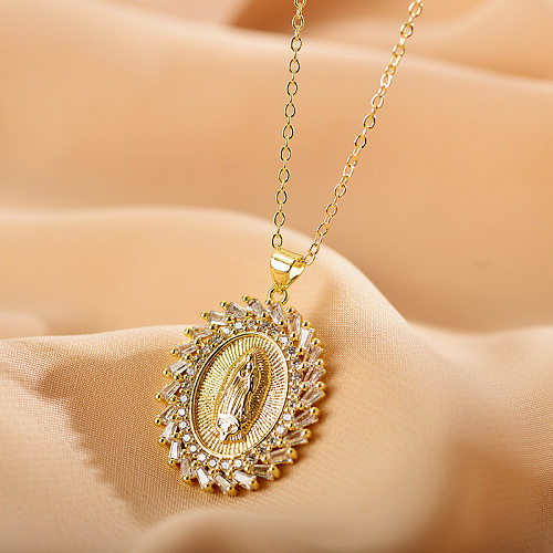 British Style Round Copper Gold Plated Zircon Pendant Necklace 1 Piece