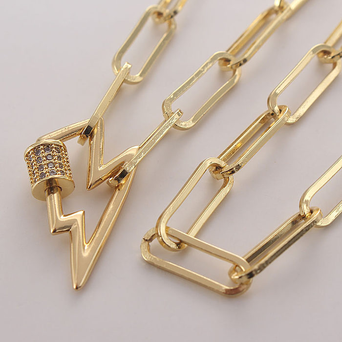 Hip-Hop Cool Style Pin Lightning Copper Gold Plated Zircon Pendant Necklace In Bulk