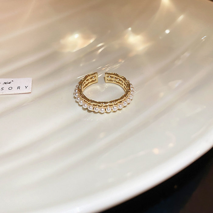 Estilo japonês flor chapeamento de cobre incrustação de cristal artificial pérola de água doce anel aberto