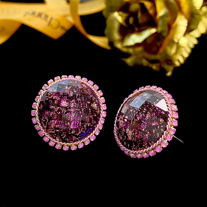 1 Pair Vintage Style Geometric Round Artificial Crystal Copper Ear Studs