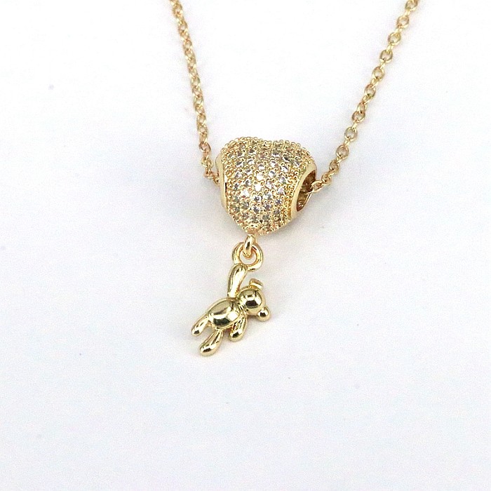 Simple Style Little Bear Heart Shape Copper Plating Inlay Zircon Pendant Necklace