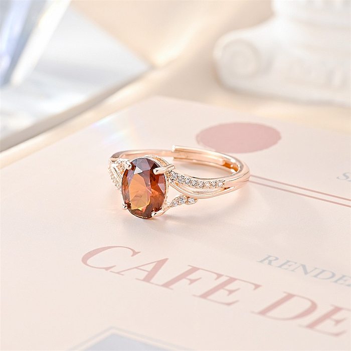 Elegant Shiny Oval Copper Polishing Plating Inlay Artificial Gemstones Zircon Open Ring