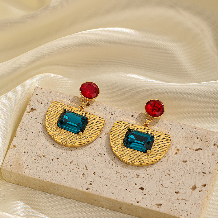 1 paire de boucles d'oreilles pendantes géométriques en forme de cœur, incrustation de strass en cuivre plaqué or 18 carats