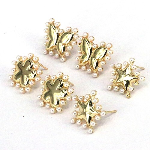 1 Pair Sweet Star Flower Butterfly Plating Inlay Copper Artificial Pearls Gold Plated Ear Studs