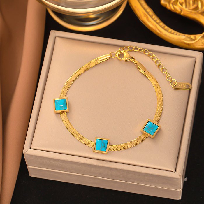 Retro Square Titanium Steel Plating Inlay Turquoise 18K Gold Plated Bracelets Necklace