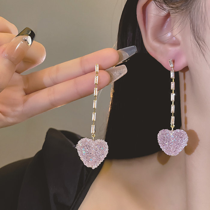 1 Pair Sweet Heart Shape Tassel Plating Copper Drop Earrings