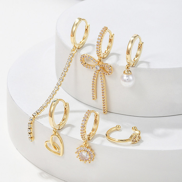 1 Set Elegant Simple Style Tassel Heart Shape Bow Knot Plating Inlay Imitation Pearl Brass Zircon 18K Gold Plated Earrings