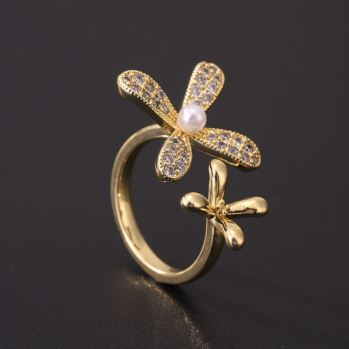 Vintage Style Leaf Flower Copper Plating Inlay Artificial Pearls Rhinestones Zircon Open Rings
