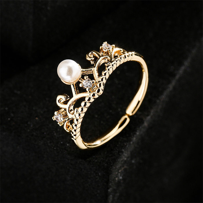 New Copper Zircon Pearl Crown Shape Geometric Open Ring Wholesale