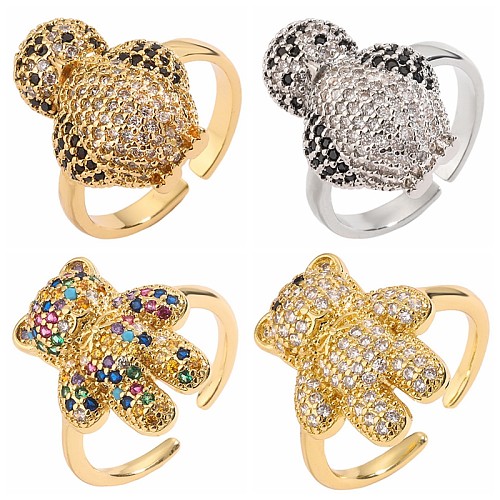 Luxueux Pingouin Animal Ours Cuivre Incrustation Zircon Plaqué Or Anneaux Ouverts